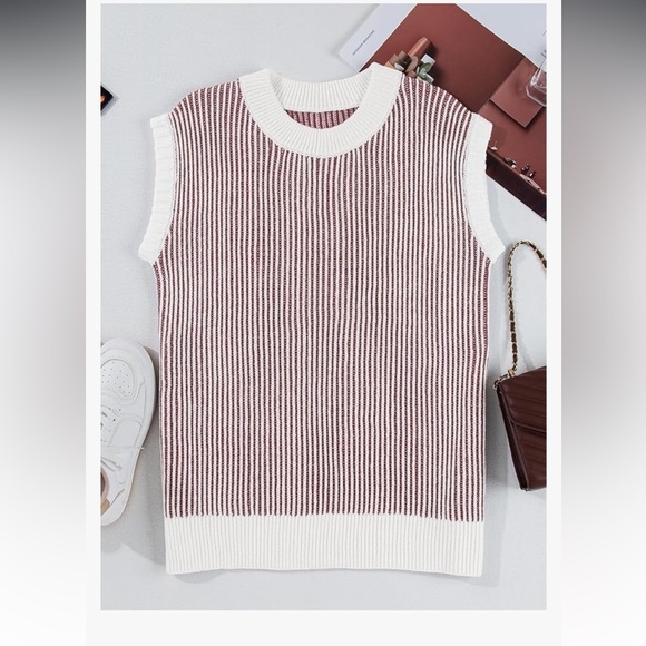 NEW Burgundy and white striped sweater tank top Medium - Picture 4 of 7